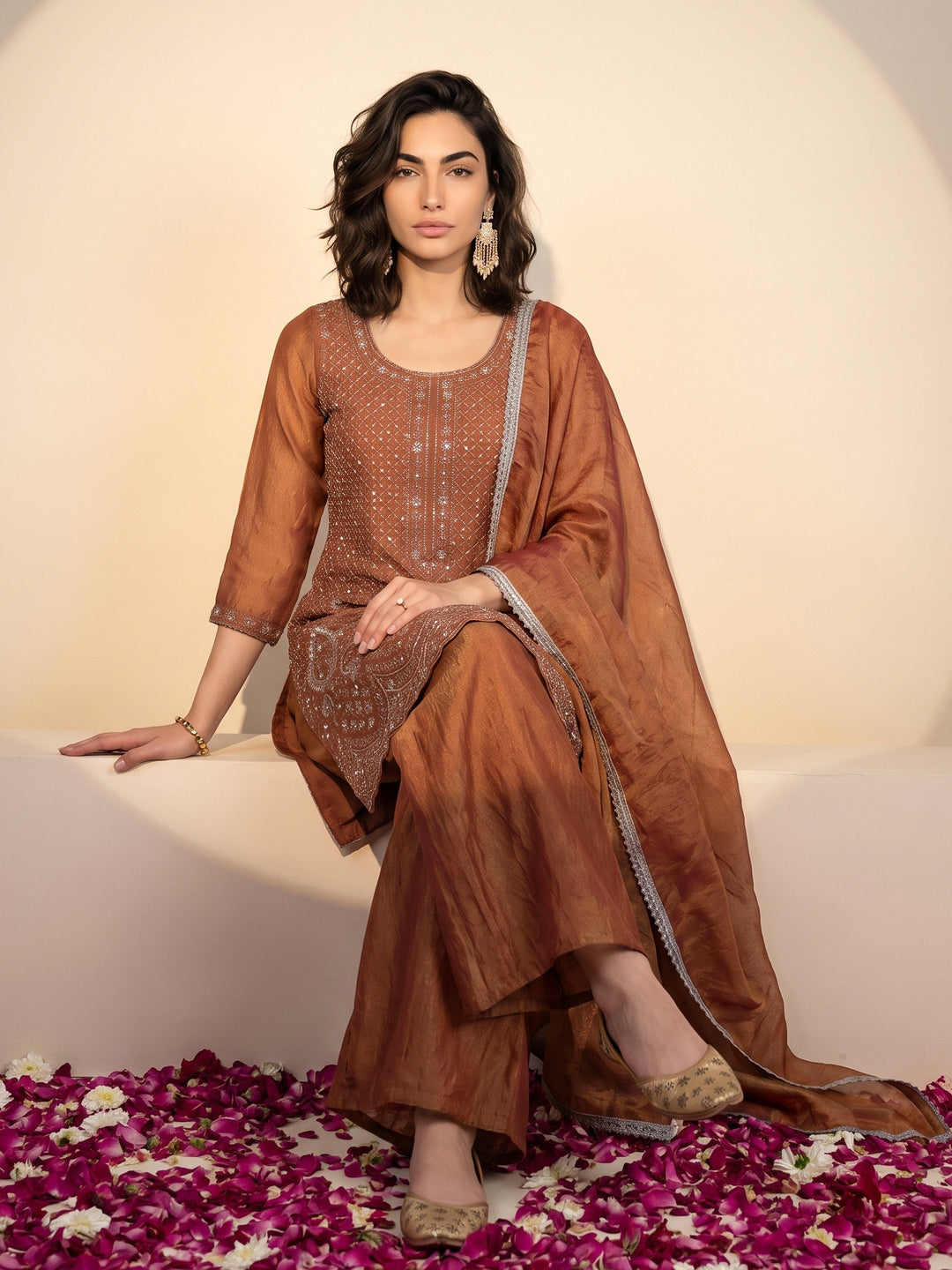  Libas Rust Orange Embellished Tissue Palazzo Suit Set 