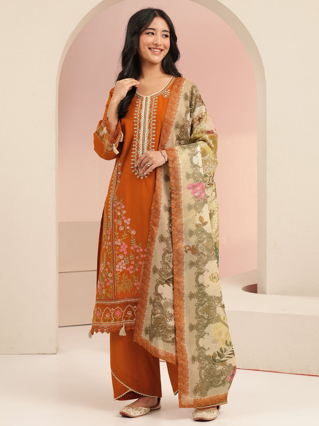  Libas Rust Orange Floral Embridered Cotton Straight Suit Set 