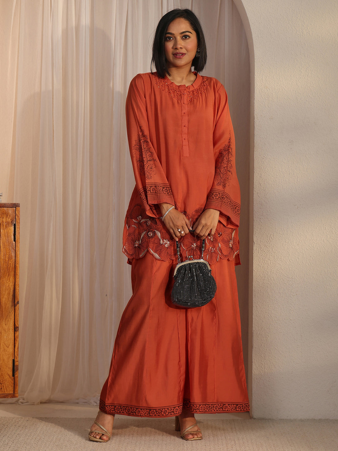  Libas Rust Orange Floral Embroidered Silk Blend Co-Ord Set 