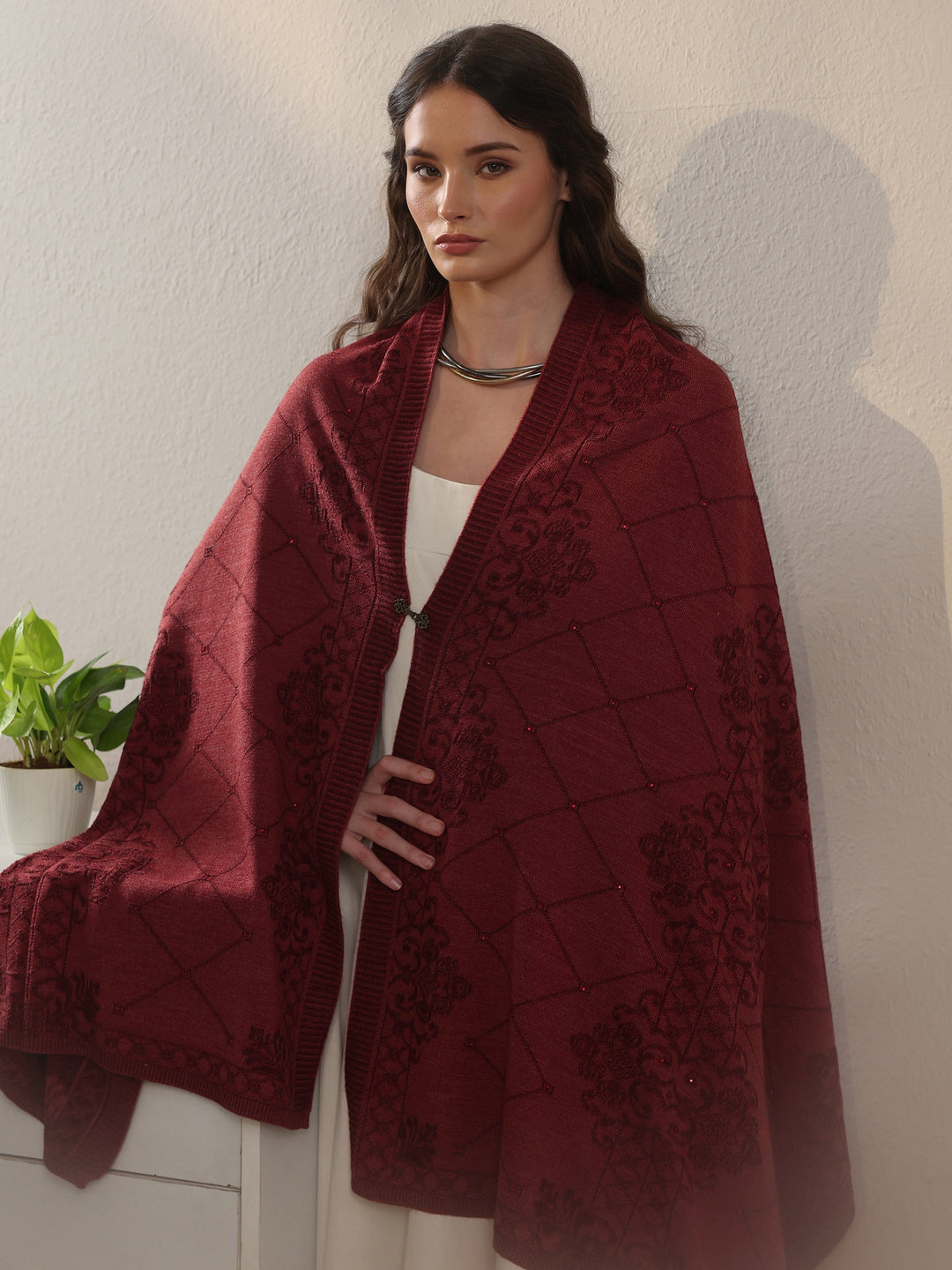  Libas Rust Red Ethnic Embroidered Acrylic Wrap Shawl 