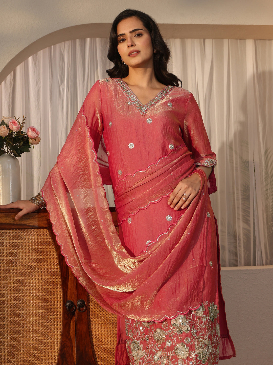  Libas Rust Red Floral Embroidered Tissue Straight Suit Set 