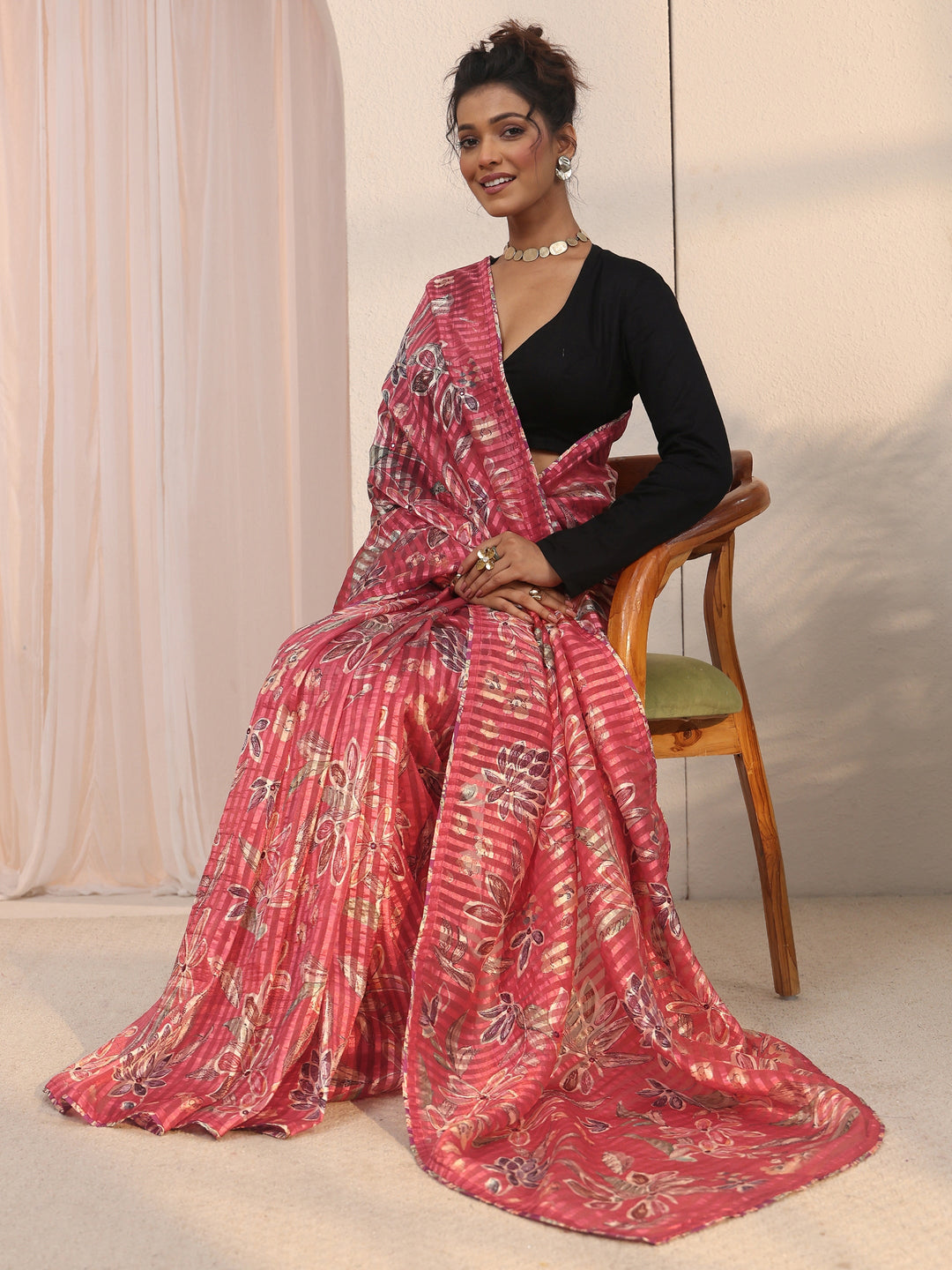 Libas Rust Red Striped Floral Printed Organza Saree
