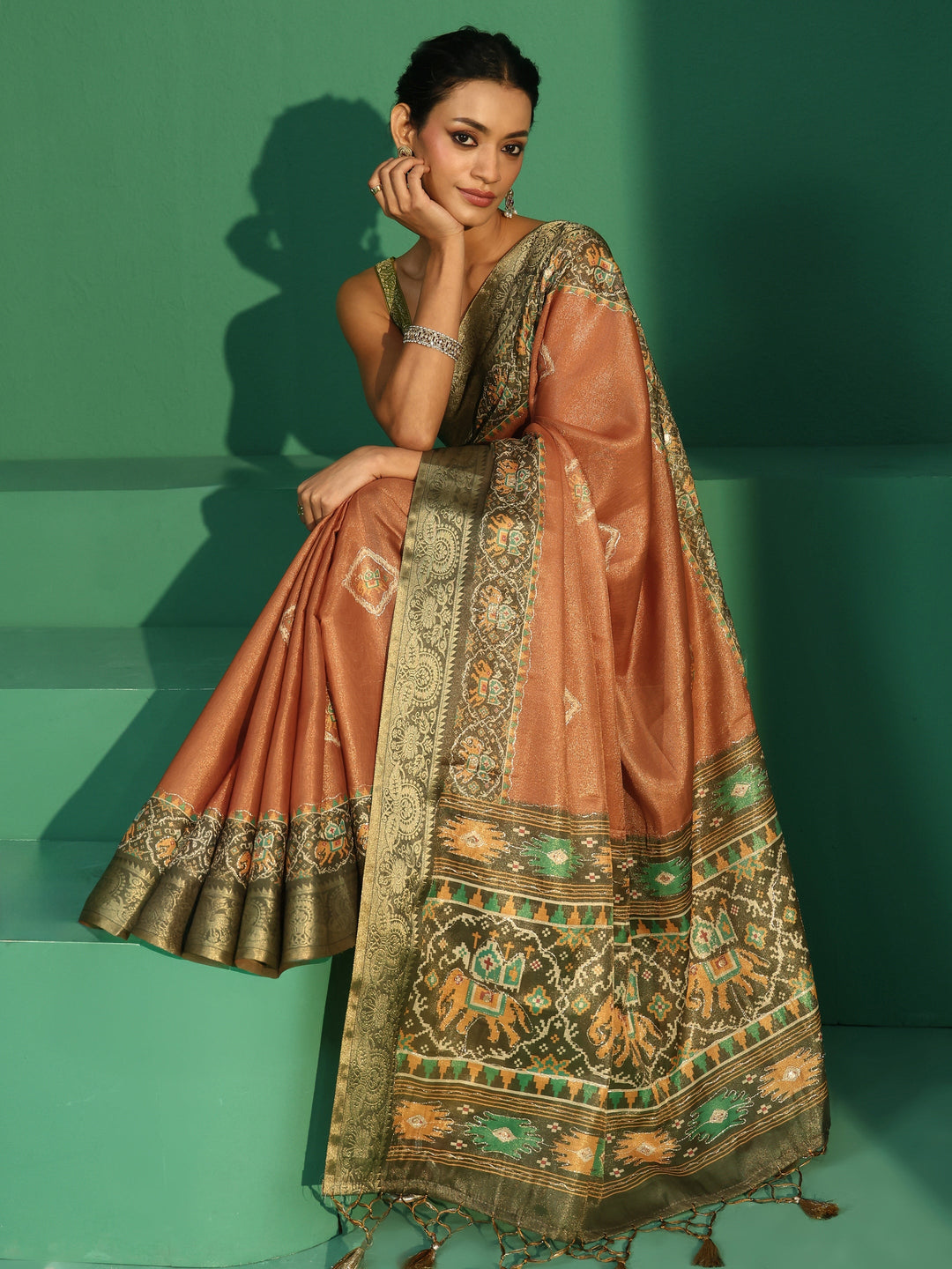  Libas Rust Silk Blend Saree with Patola Border 