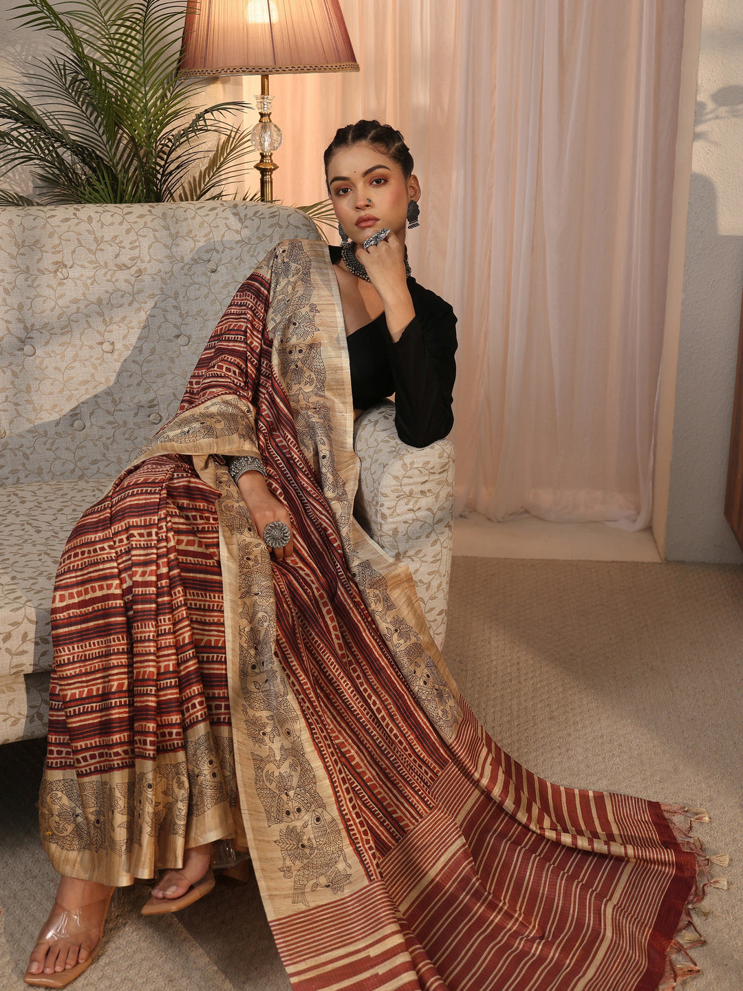  Libas Rust Striped Printed Silk Blend Tassel Saree with Madhubani Border 