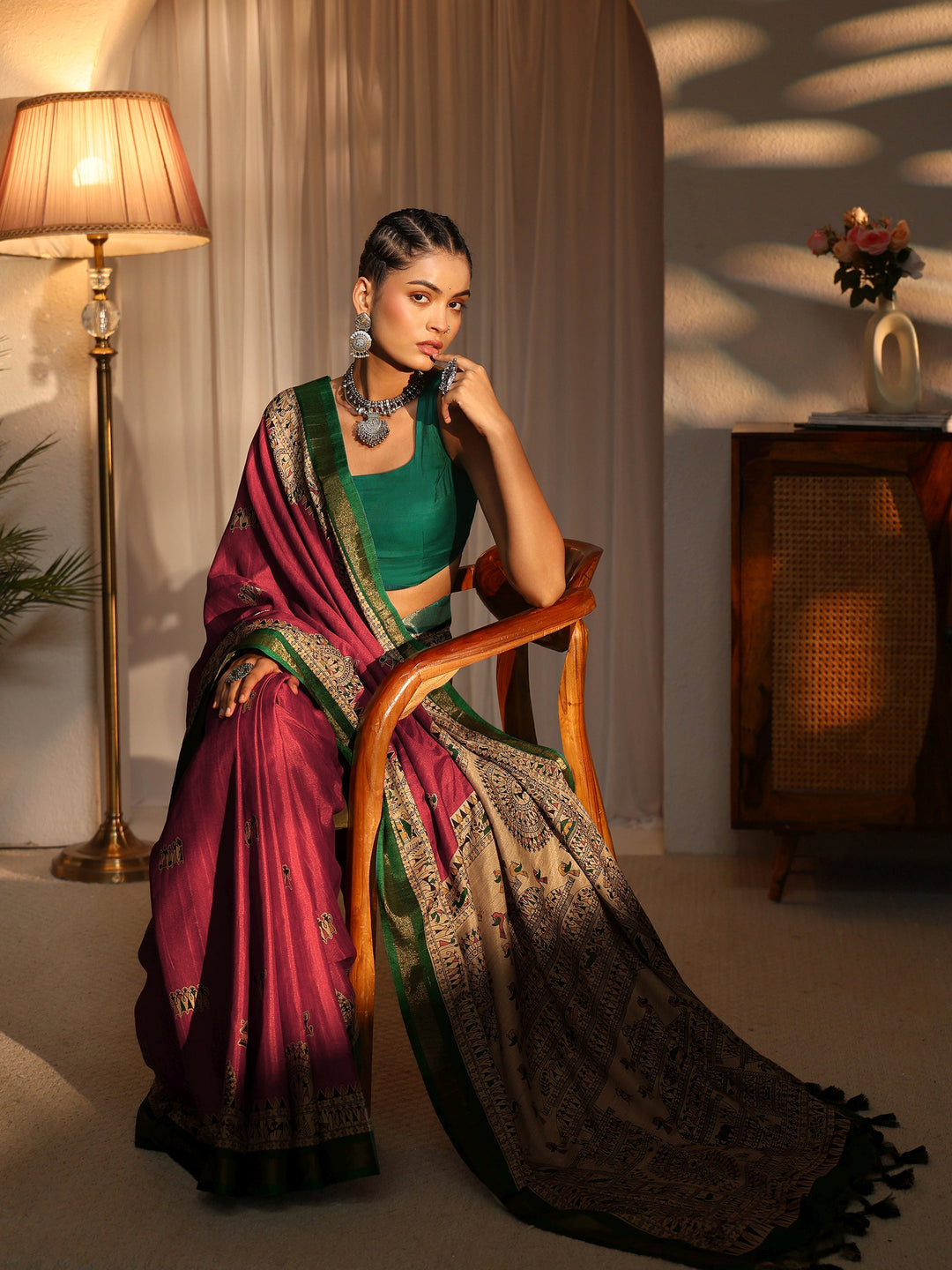  Libas Rust and Green Warli Printed Silk Blend Tassel Saree 