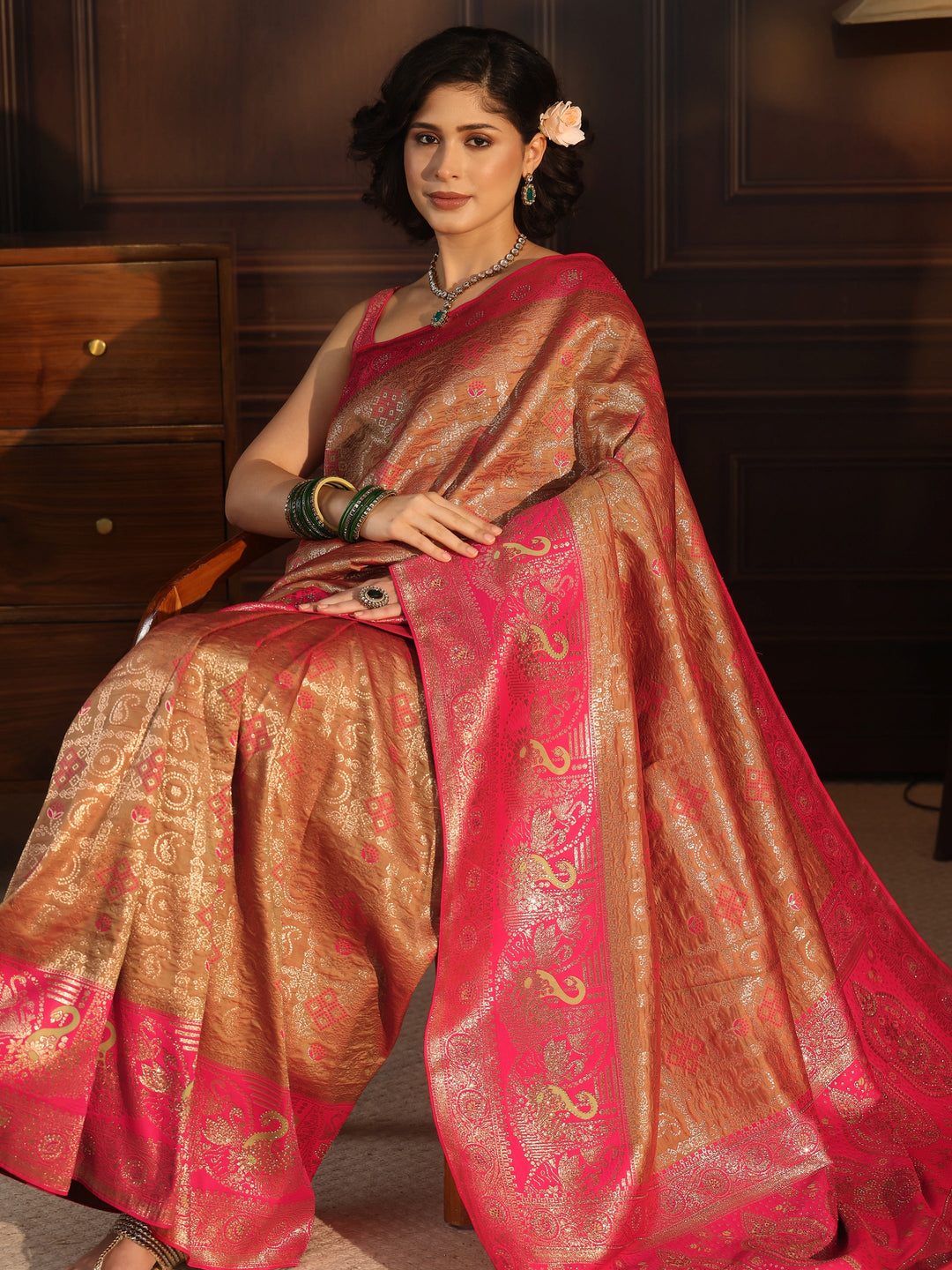 Libas Rust and Pink Woven Design Silk Blend Saree