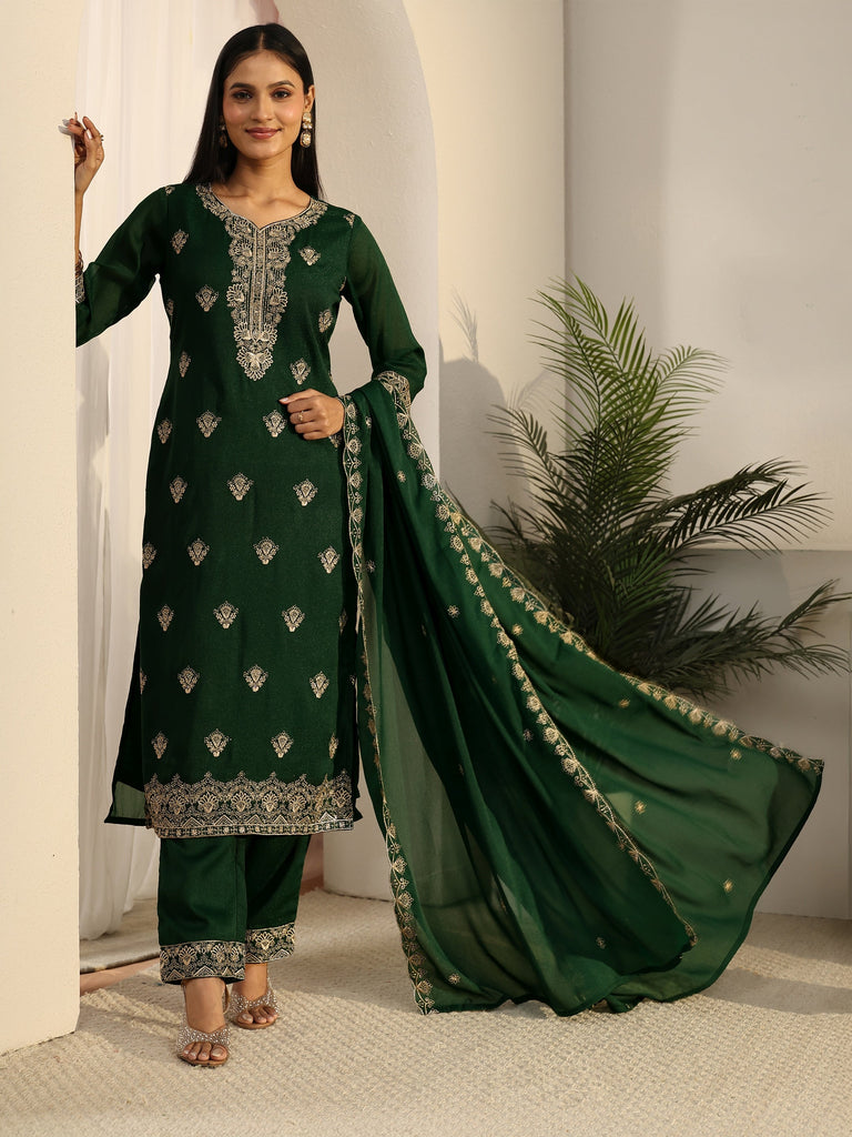Libas Sacramento Green Embroidered Chinon Straight Suit Set