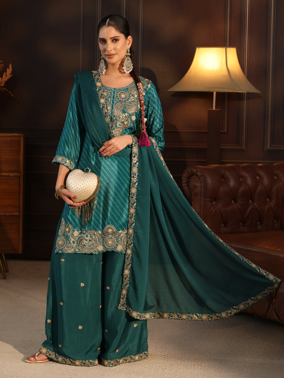  Libas Sacramento Green Paisley Embellished Chinon Palazzo Suit Set 
