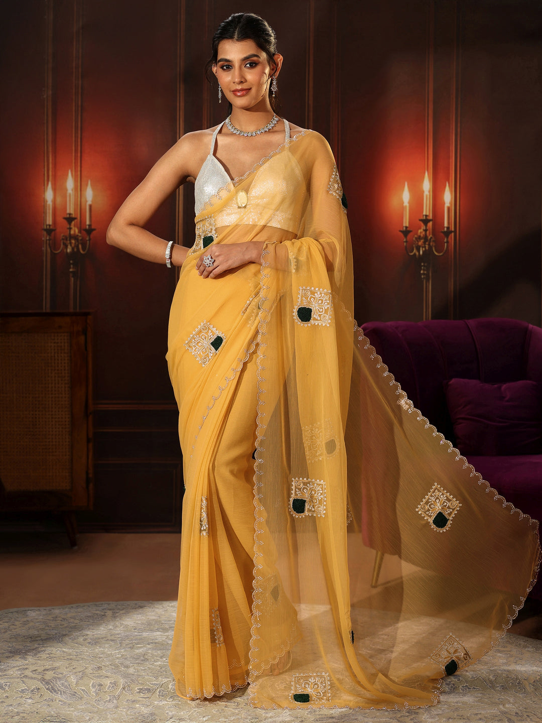  Libas Saffron Yellow Chiffon Saree with Embroidered  Motifs 