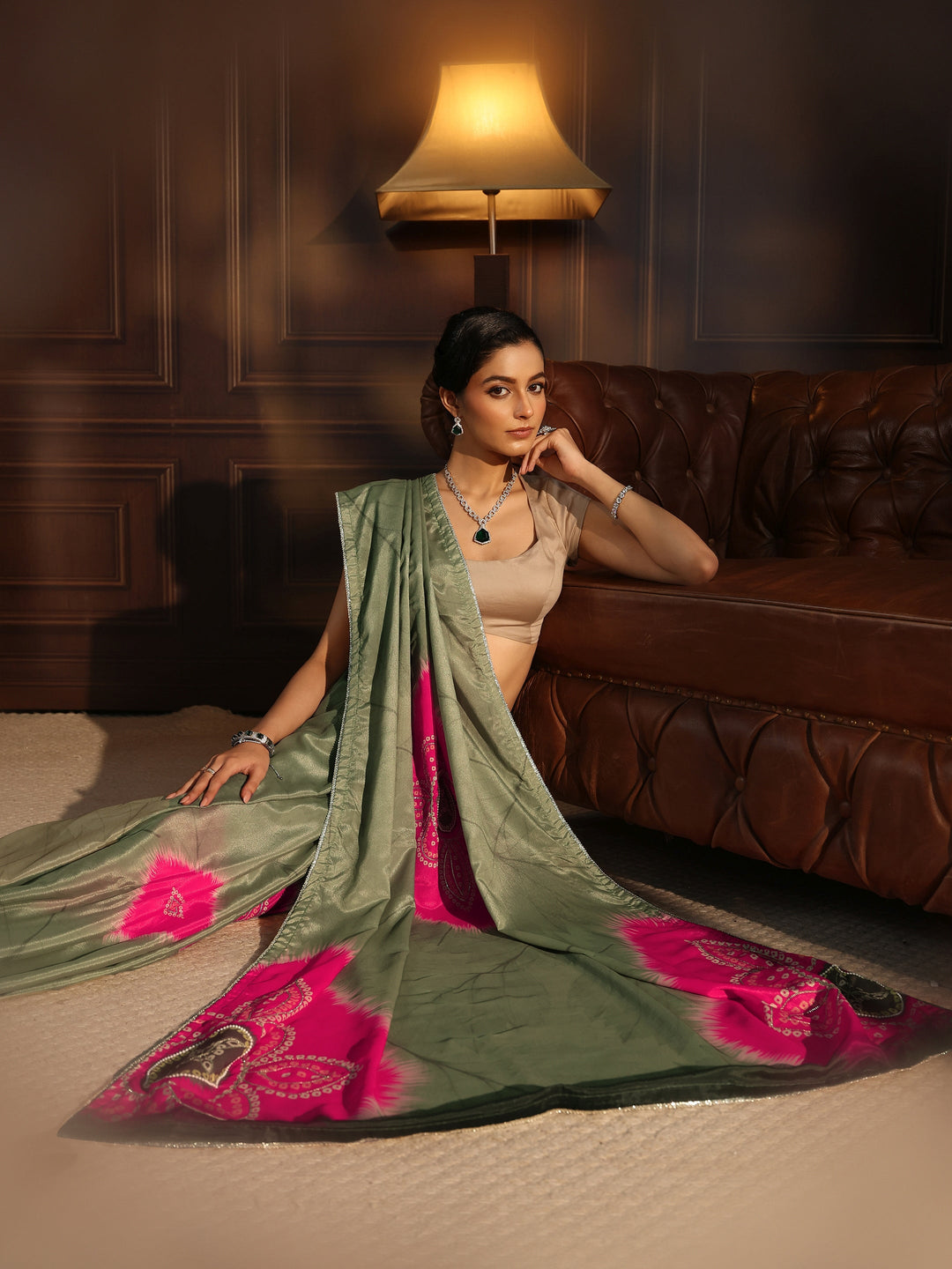 Libas Sage Green Bandhani Printed Pallu Silk Blend Saree
