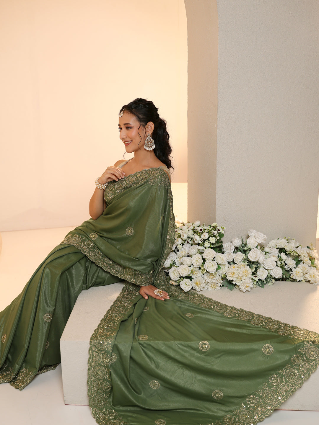  Libas Sage Green Embroidered Silk Blend Saree 