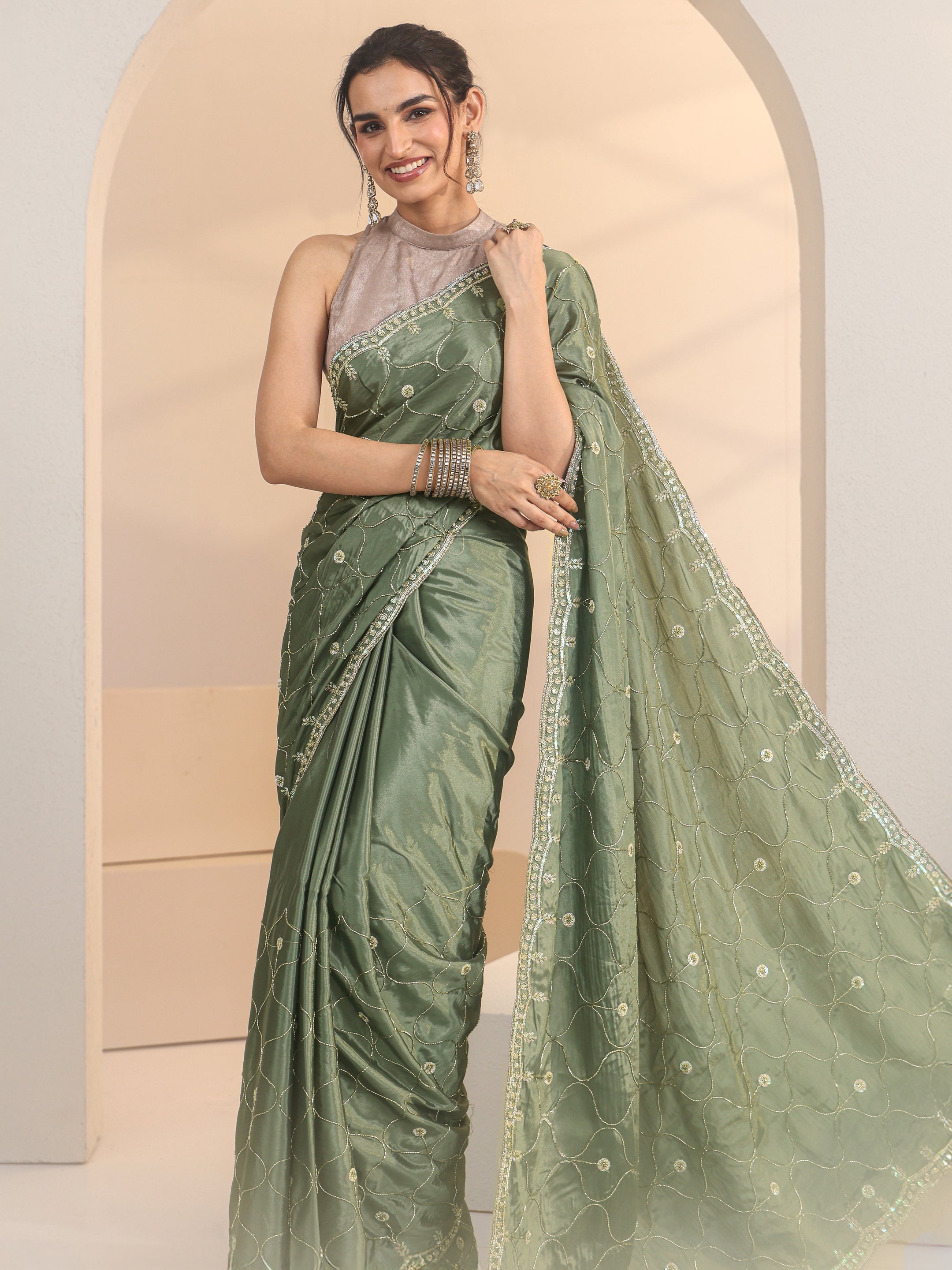 Libas Sage Green Floral Embellished Silk Blend Saree-image-6