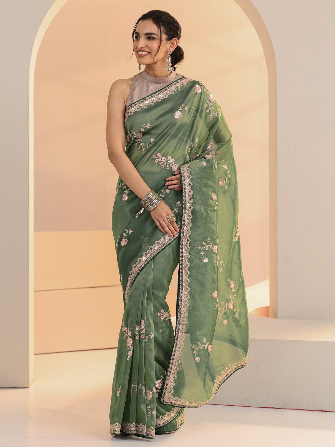  Libas Sage Green Floral Embellished Tissue Saree 