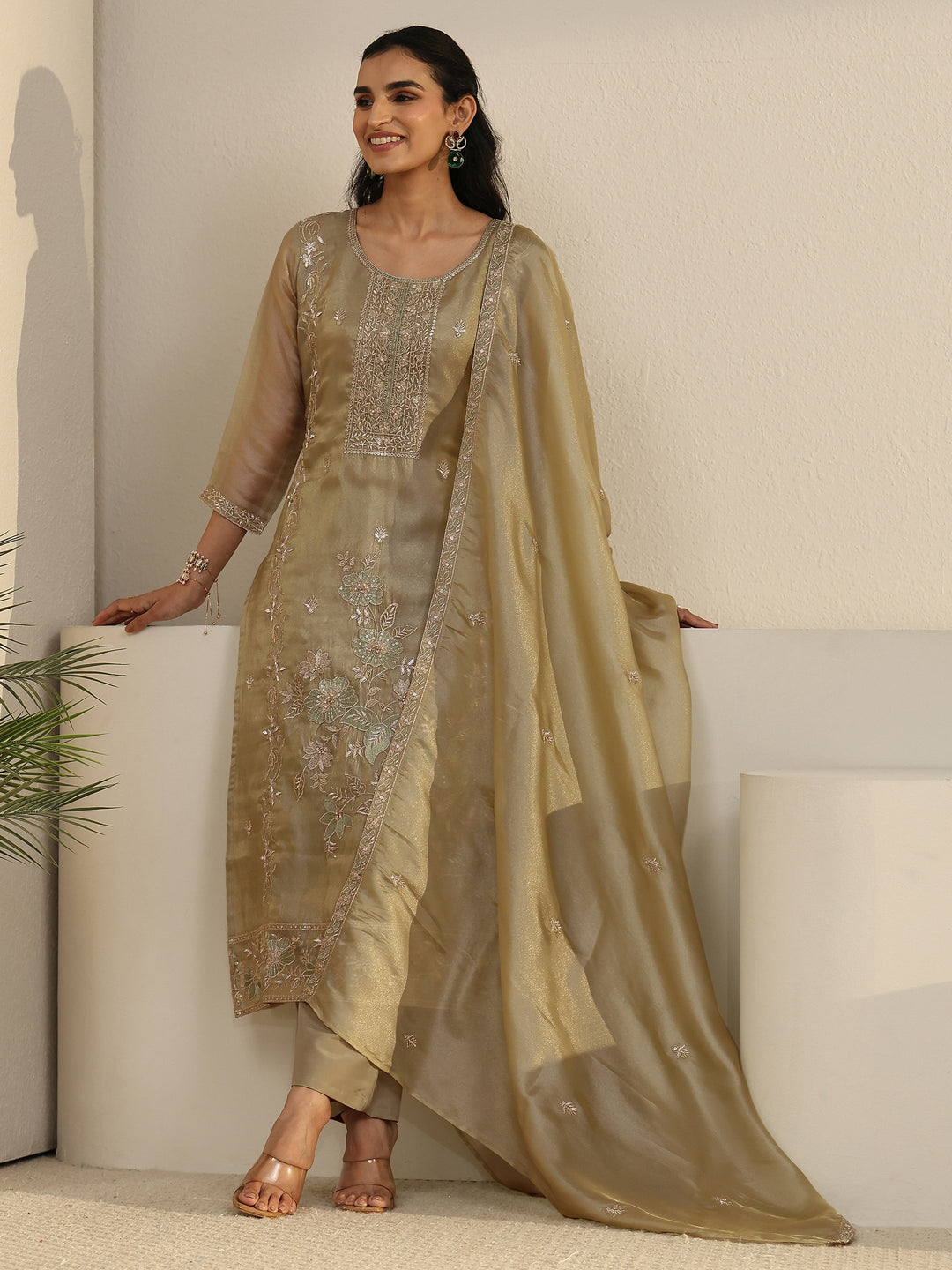  Libas Sage Green Floral Embroidered Organza Straight Suit Set 