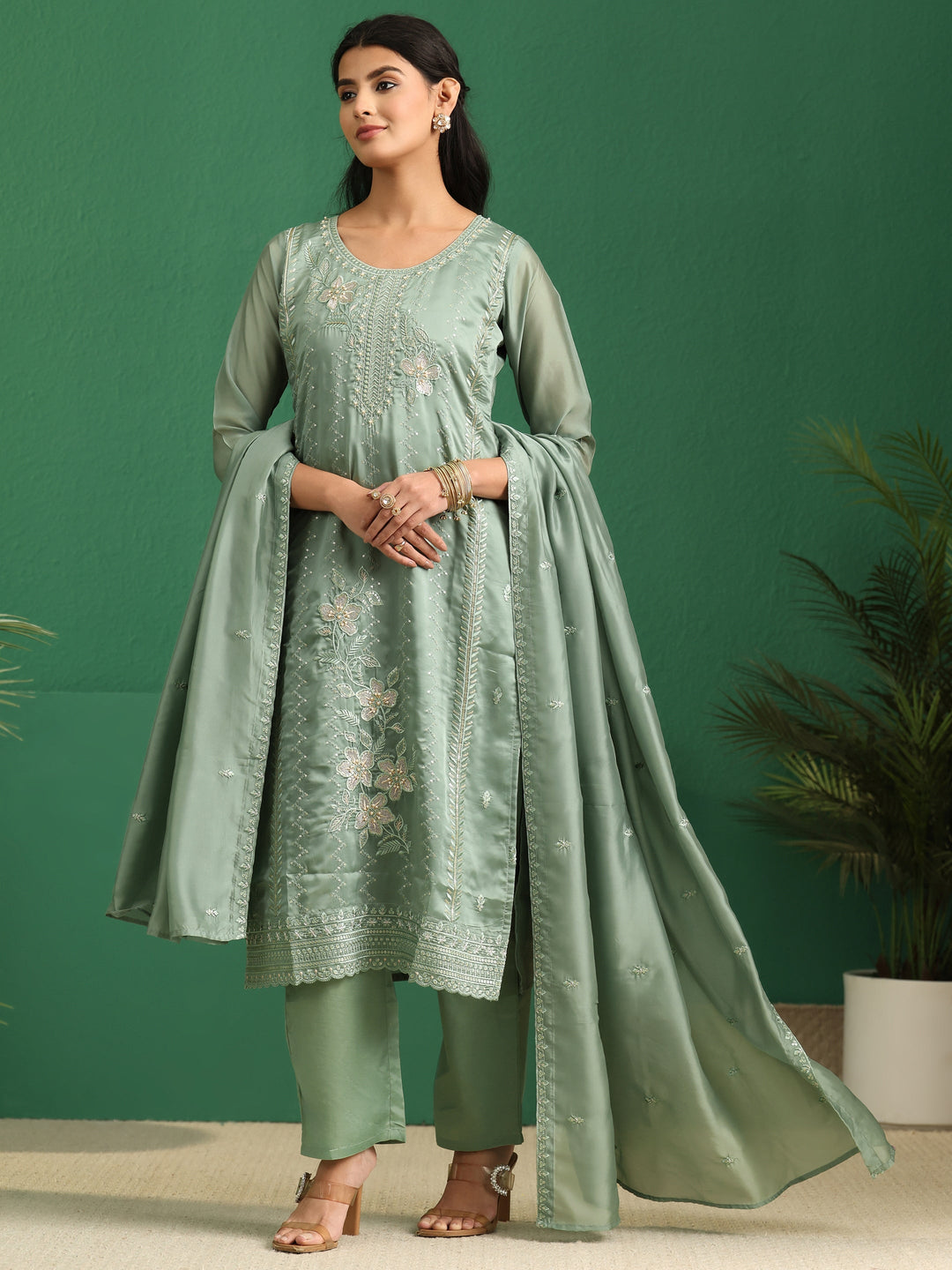  Libas Sage Green Floral Embroidered Organza Straight Suit Set 
