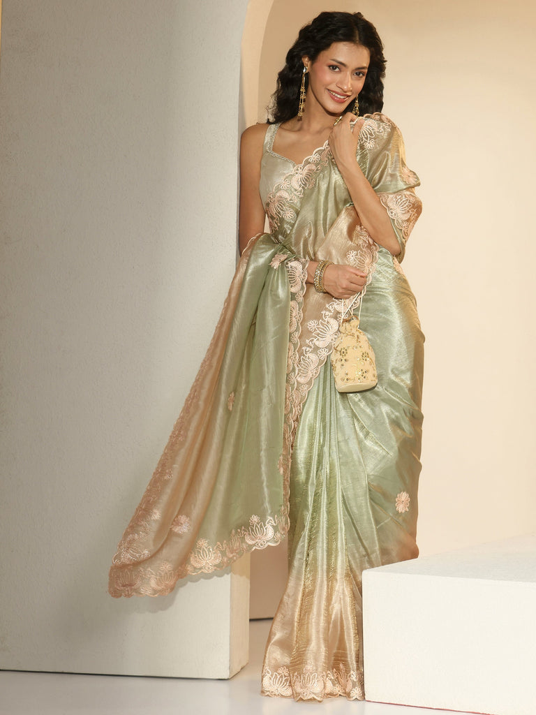 Libas Sage Green Floral Embroidered Tissue Saree