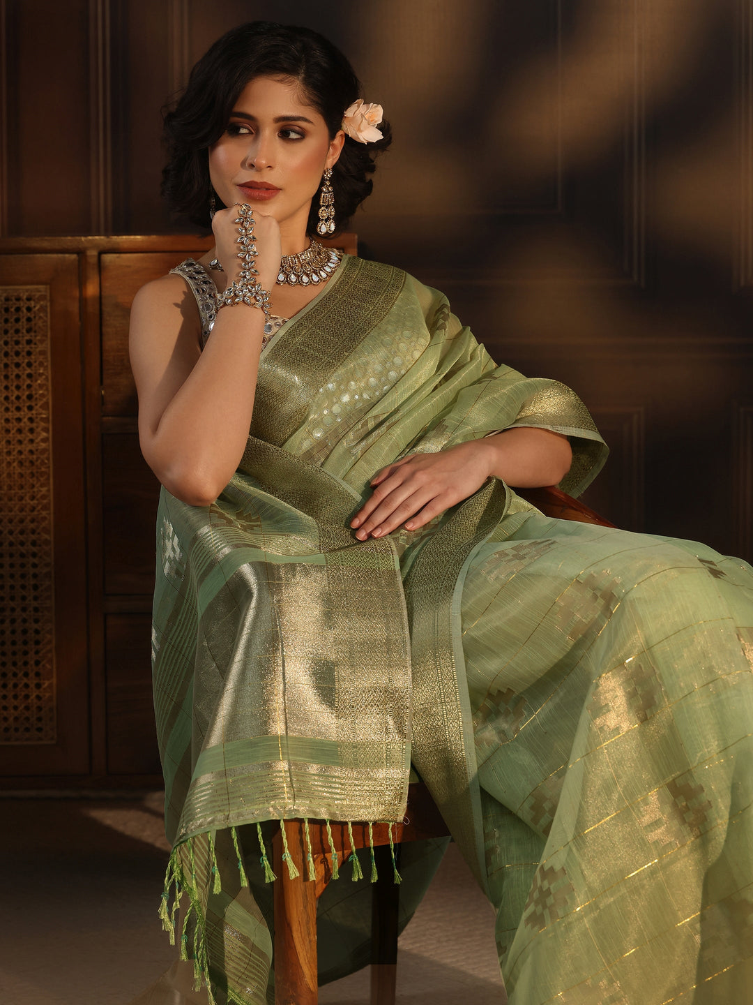 Libas Sage Green Woven Design Chanderi Silk Saree
