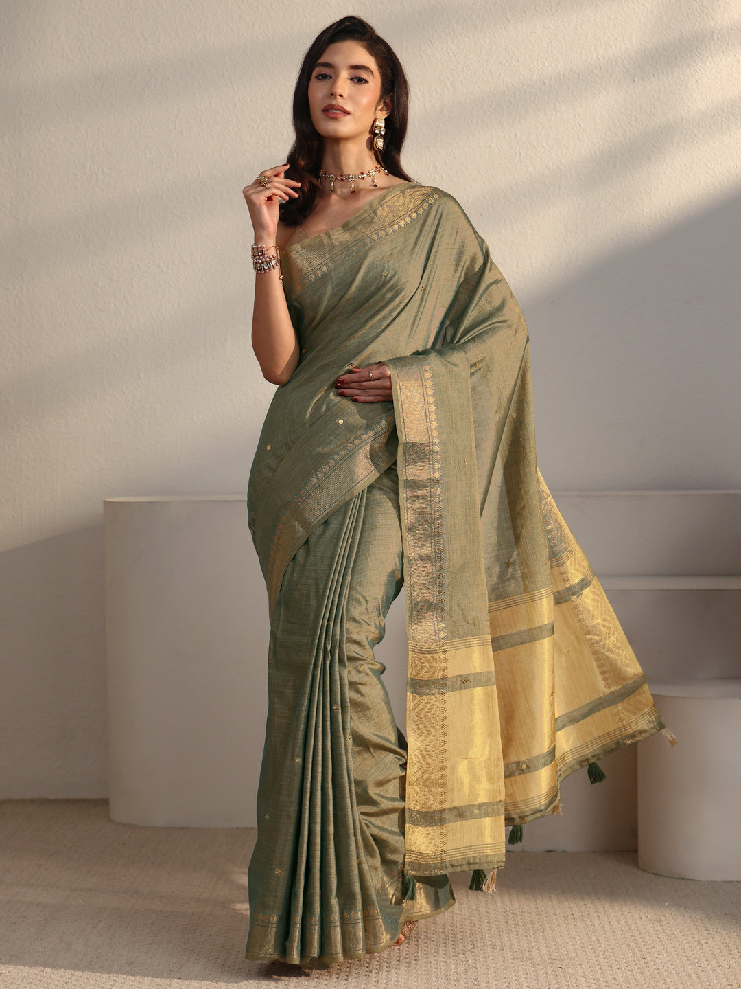 Libas Sage Green Woven Design Silk Blend Saree