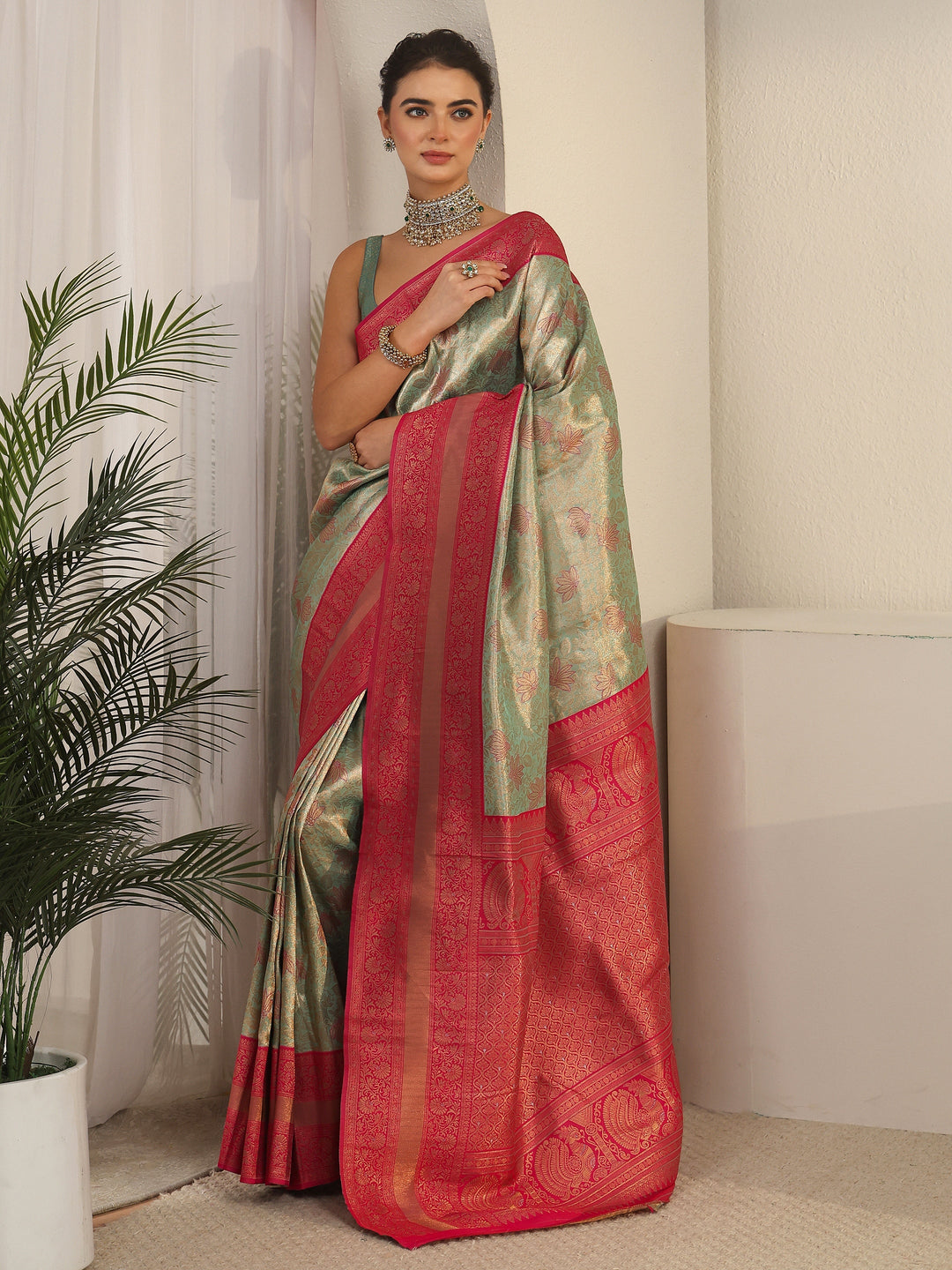 Libas Sage Green and Pink Floral Woven Design Brocade Saree