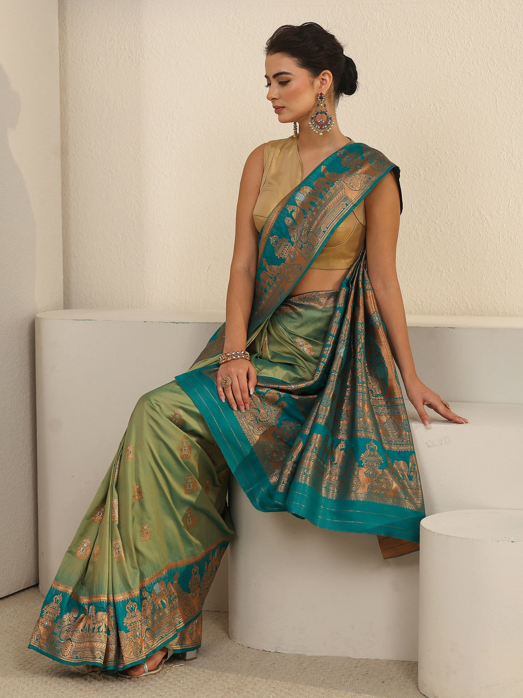 Libas Sap Green and Blue Woven Design Silk Blend Banarasi Saree