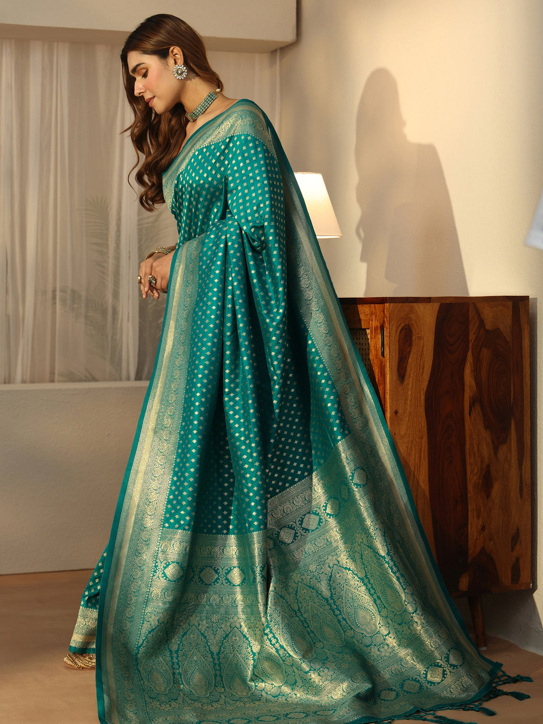  Libas Sea Green Banarasi Silk Blend Saree 