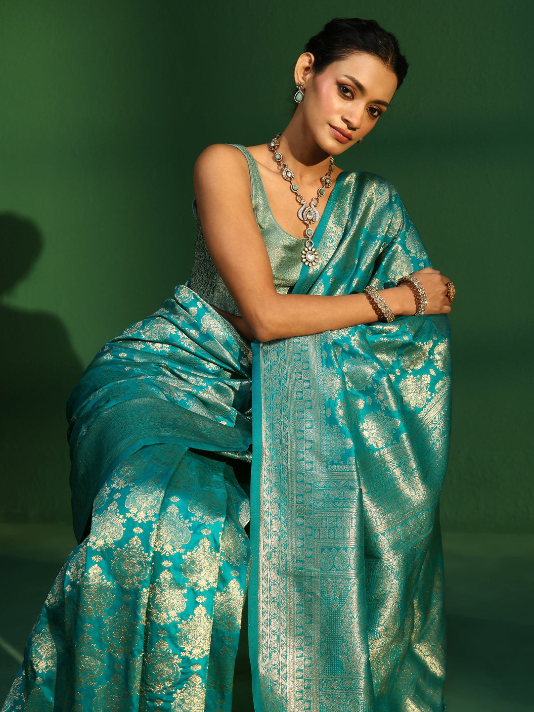  Libas Sea Green Banarasi Silk Blend Saree 