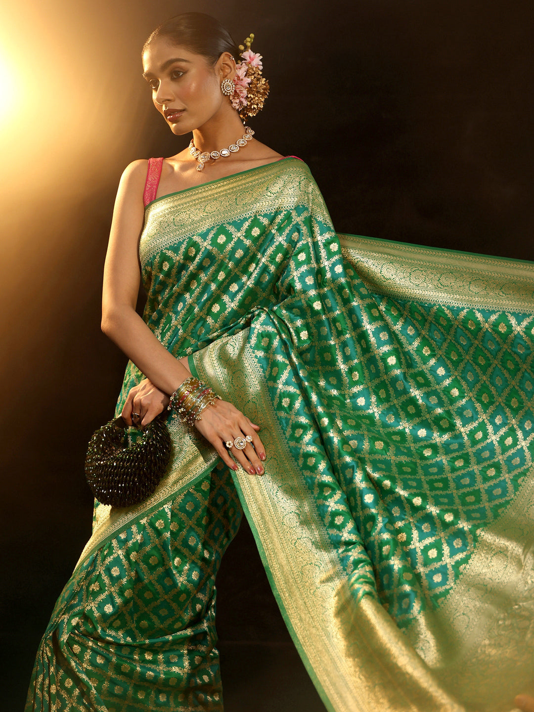  Libas Sea Green Banarasi Silk Blend Saree 