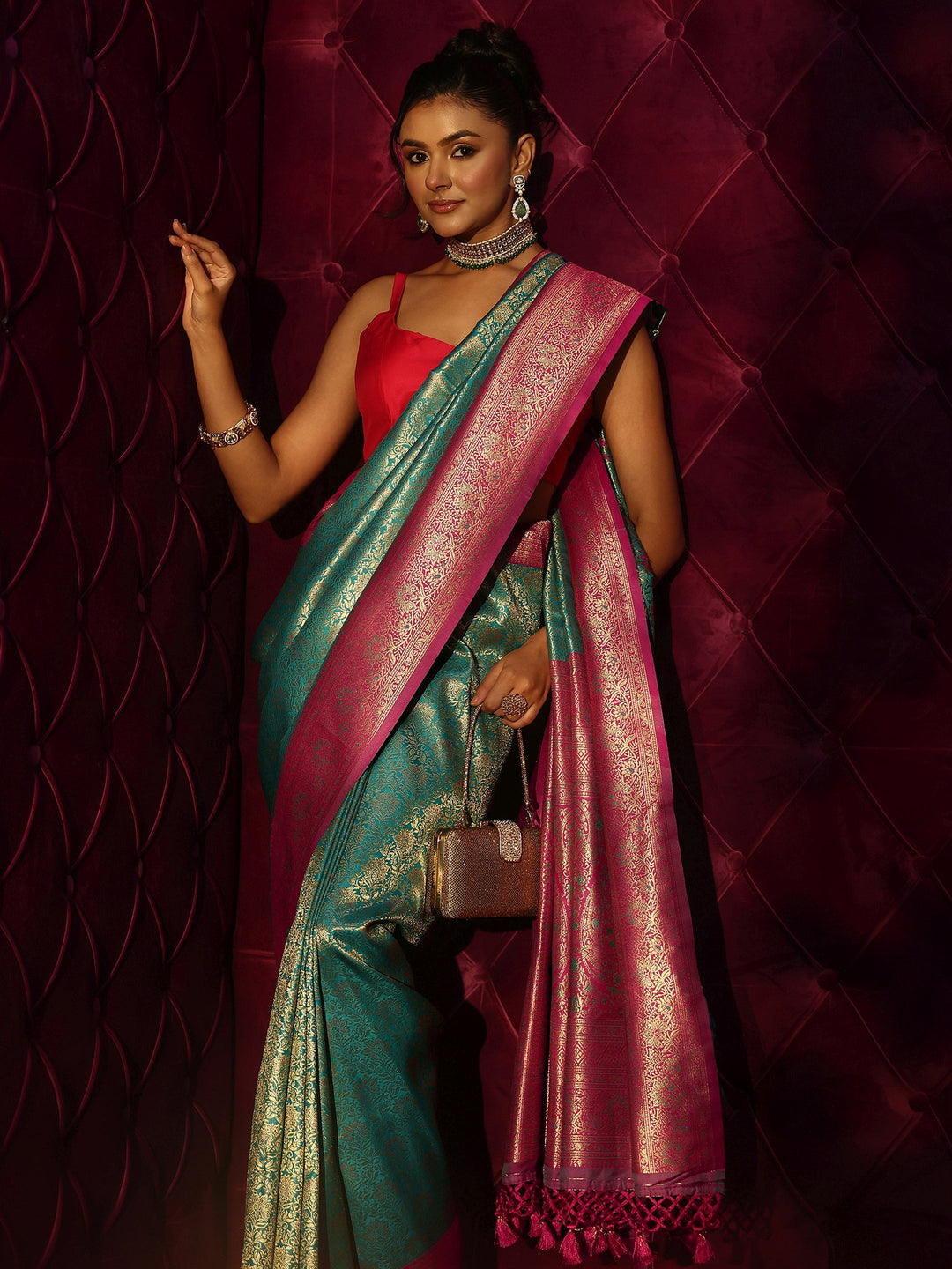 Libas Sea Green Banarasi Silk Blend Tassel Saree