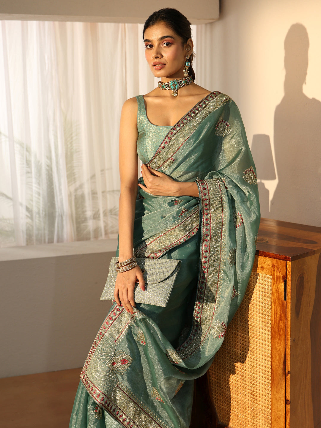  Libas Sea Green Embellished Tissue saree 