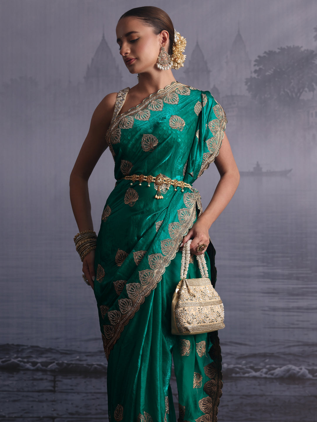  Libas Sea Green Ethnic Embroidered Stone Work Tissue Saree 
