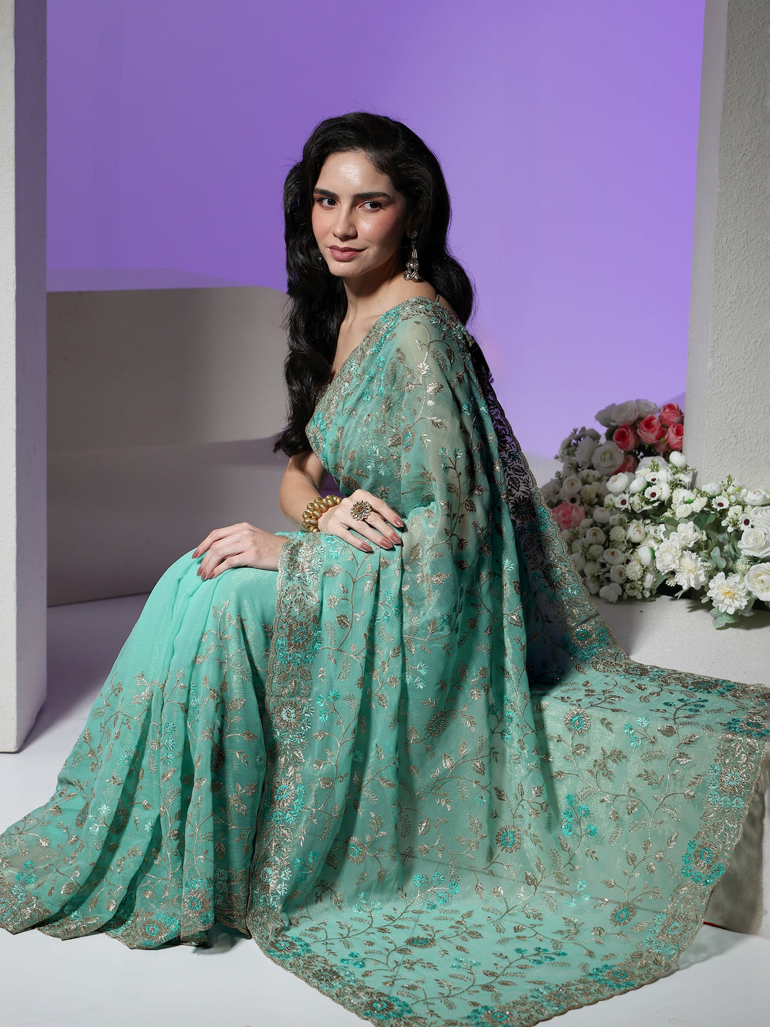  Libas Sea Green Floral Embroidered Chiffon Saree 