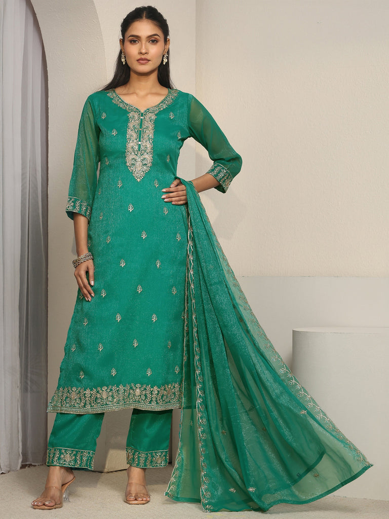 Libas Sea Green Floral Embroidered Chinon Straight Suit Set