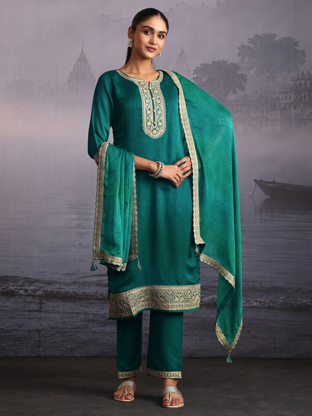 Libas Sea Green Floral Embroidered Chinon Straight Suit Set