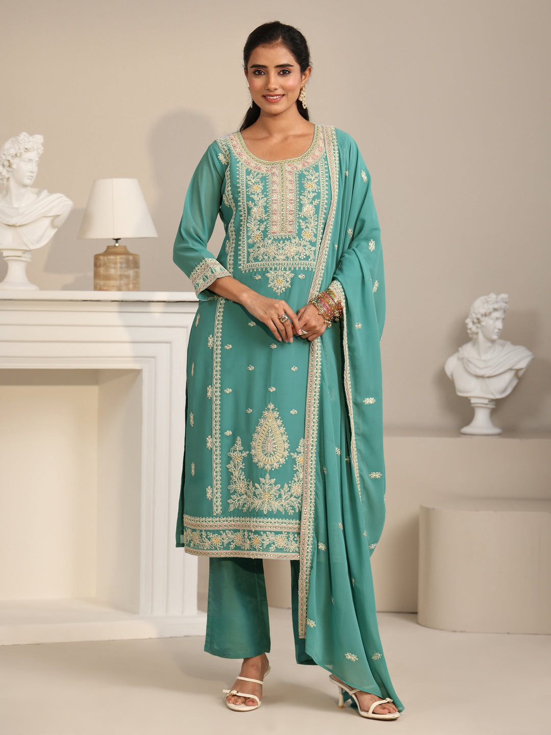  Libas Sea Green Floral Embroidered Georgette Straight Suit Set 