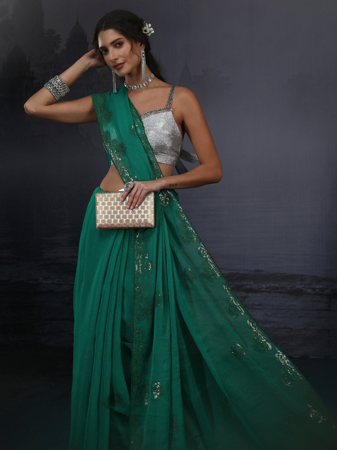 Libas Sea Green Floral Sequin Embellished Tissue Saree