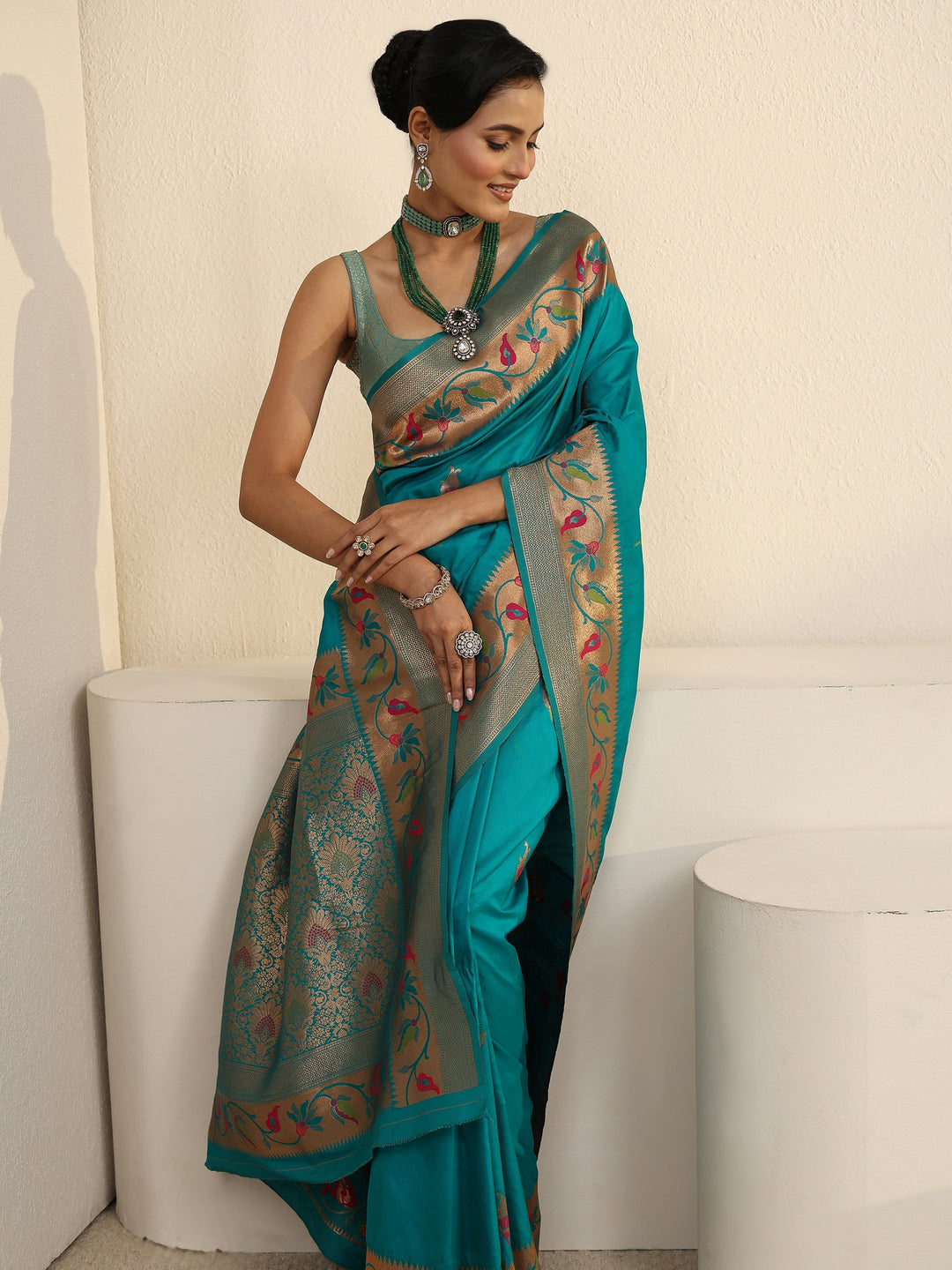 Libas Sea Green Floral Woven Design Silk Blend Saree