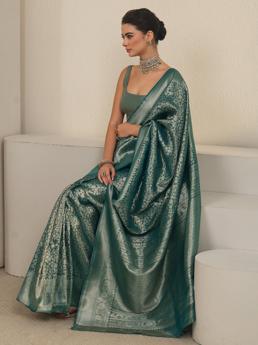 Libas Sea Green Floral Woven Design Silk Blend Saree