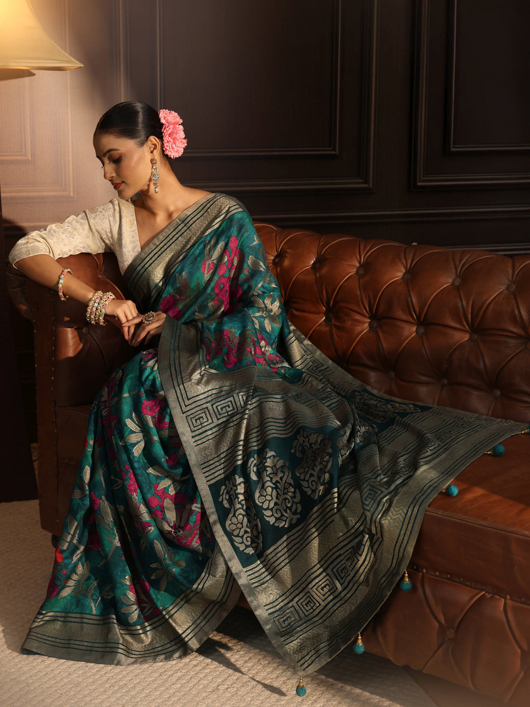 Libas Sea Green Floral Woven Design Silk Blend Saree
