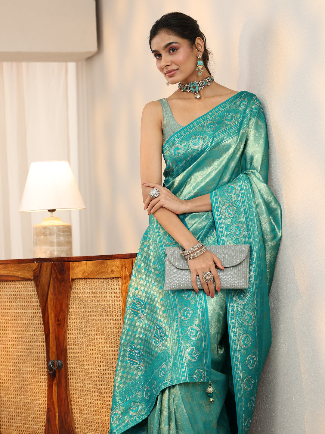  Libas Sea Green Floral Woven Silk Blend Saree 