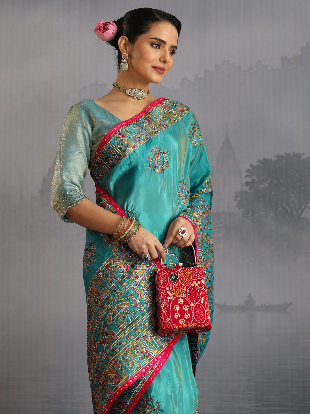  Libas Sea Green Kutch Embroidered Satin Saree 