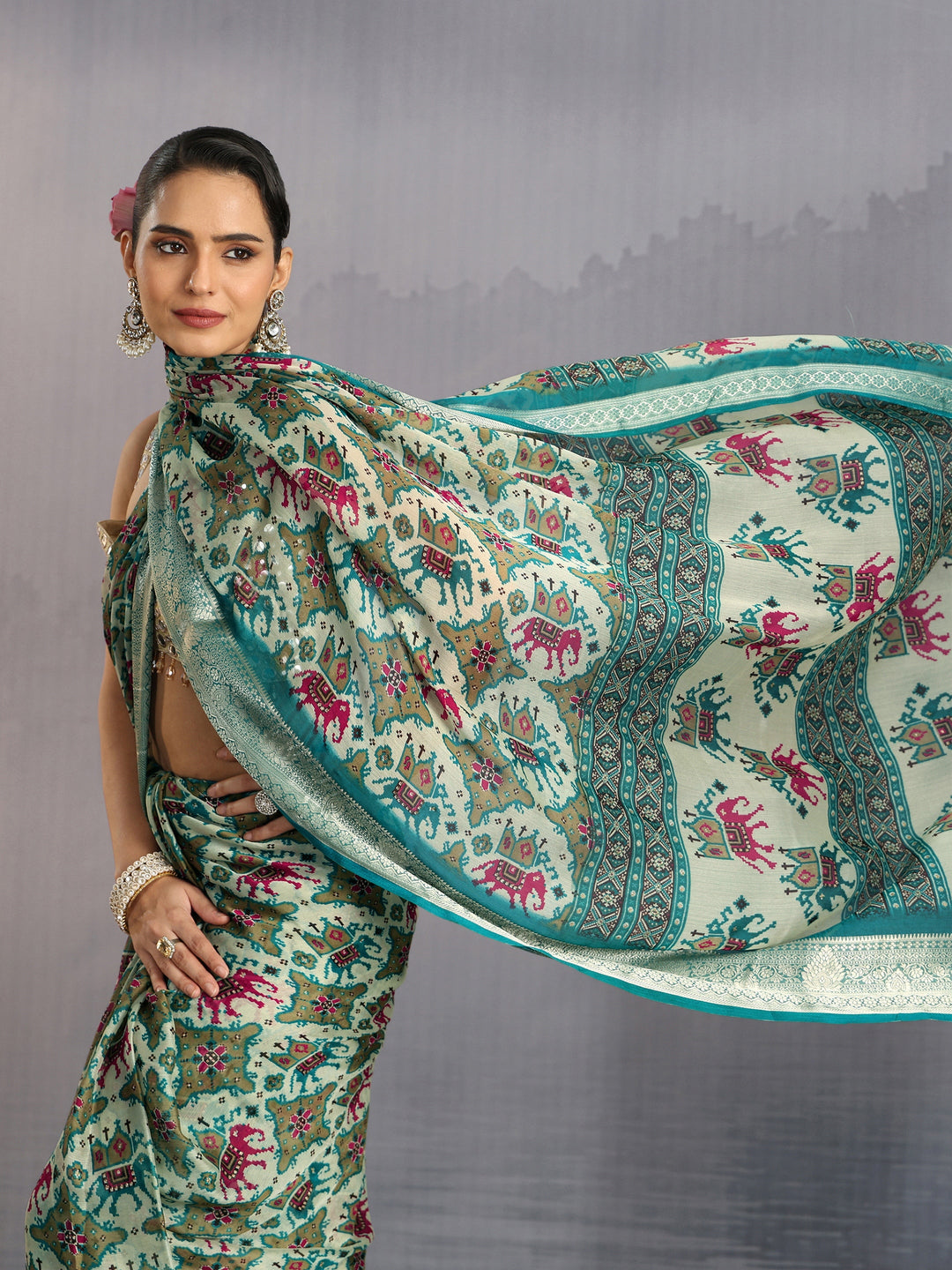  Libas Sea Green Patola Inspired Printed Georgette Saree 