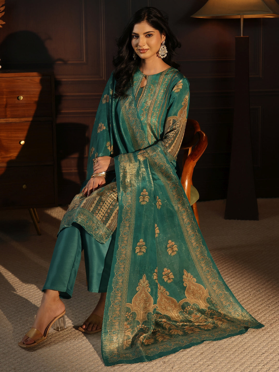 Libas Sea Green Printed Silk Blend Straight Suit Set 