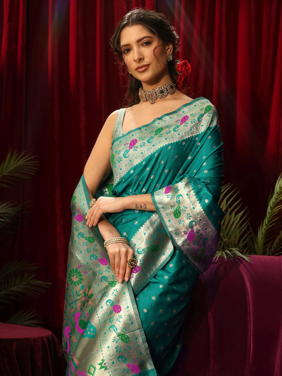 Libas Sea Green Silk Blend Paithani Saree