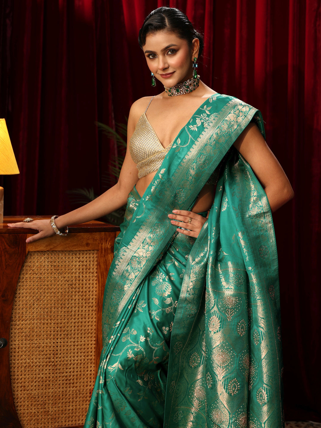 Libas Sea Green Woven Design Embellished Satin Saree