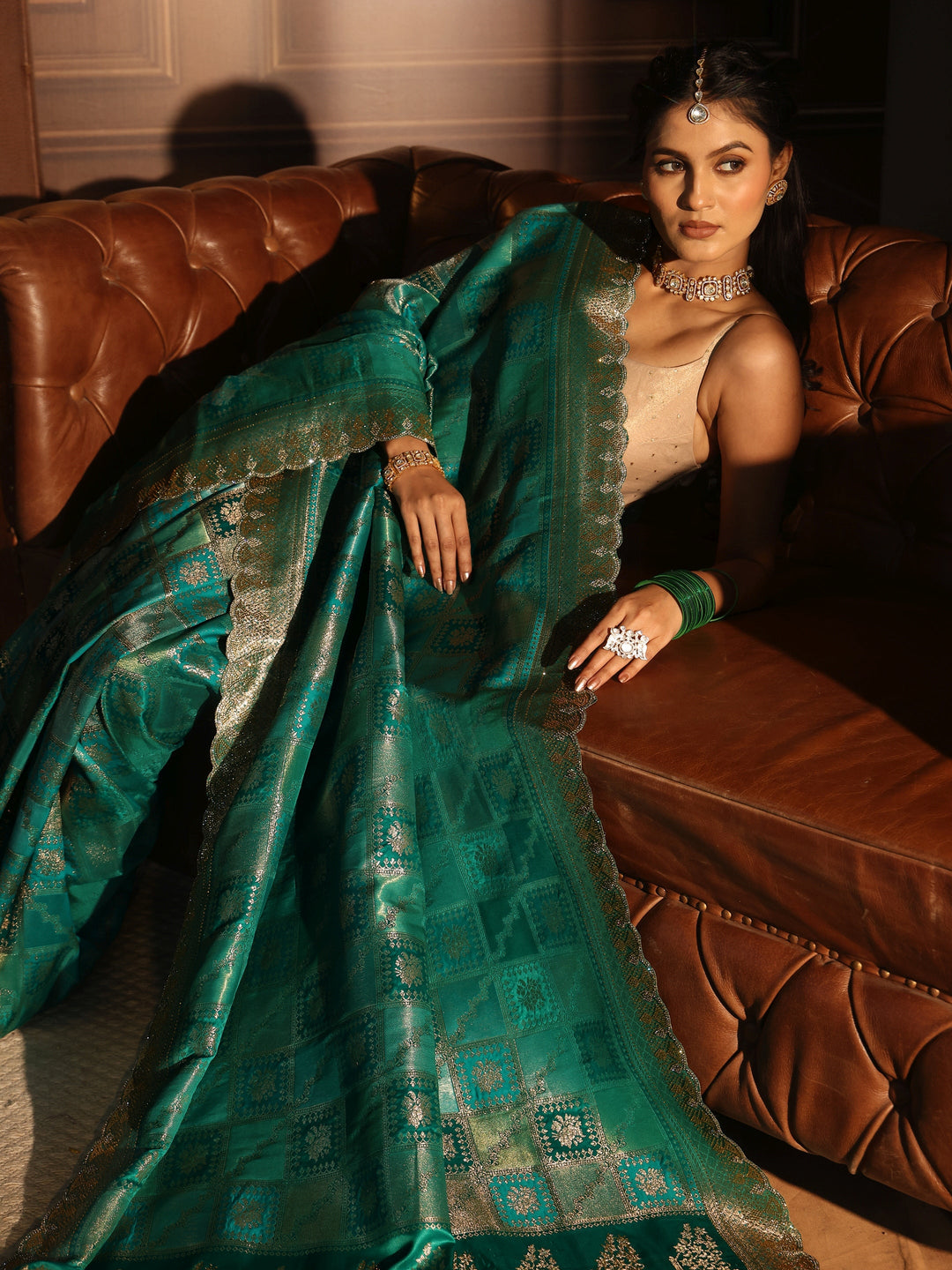 Libas Sea Green Woven Design Satin Saree with Scalloped Border
