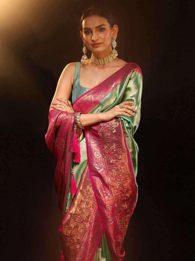 Libas Sea Green Woven Design Silk Blend Saree