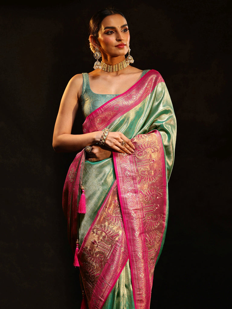 Libas Sea Green Woven Design Silk Blend Saree