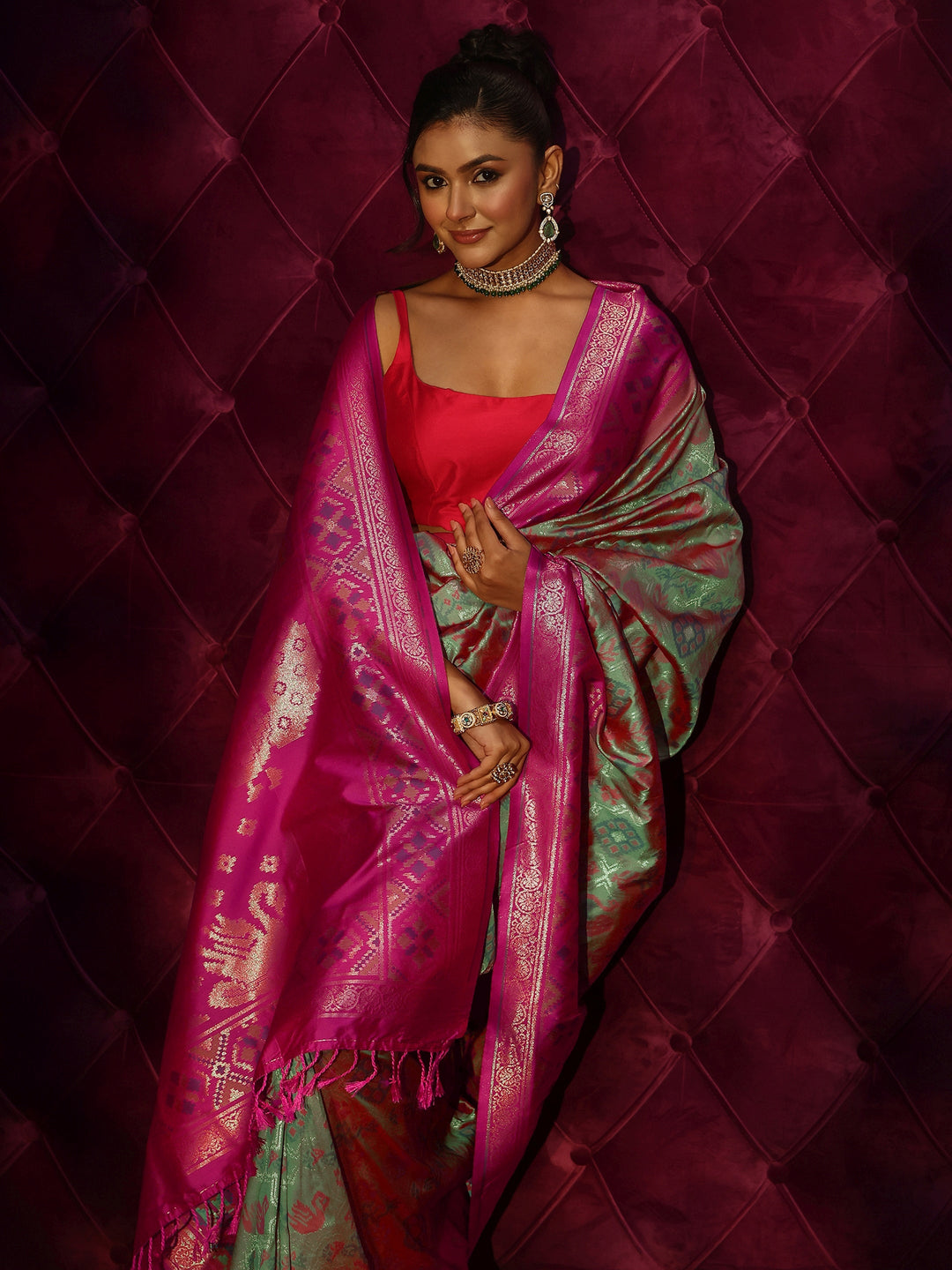 Libas Sea Green and Pink Patola Silk Blend Saree