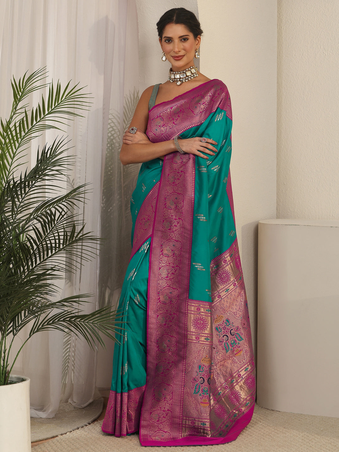 Libas Sea Green and Pink Silk Blend Paithani Saree
