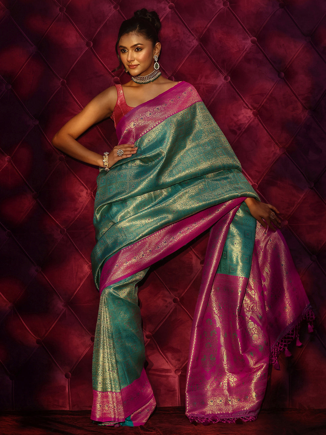 Libas Sea Green and Pink Woven Design Silk Blend Saree